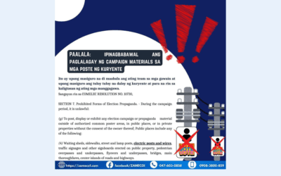 PAALALA: IPINAGBABAWAL ANG PAGLALAGAY NG MGA CAMPAIGN MATERIALS SA MGA POSTE NG KURYENTE
