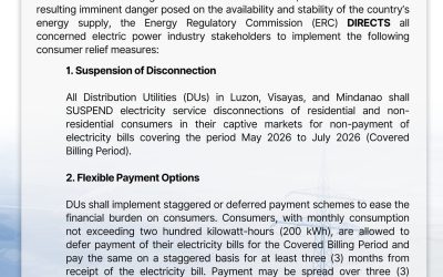 The Energy Regulatory Commission (ERC) issues an Advisory for the Implementation of Consumer Protection Measures by All Concerned Electric Power Industry Stakeholders, Pursuant to Executive Order No. 110.